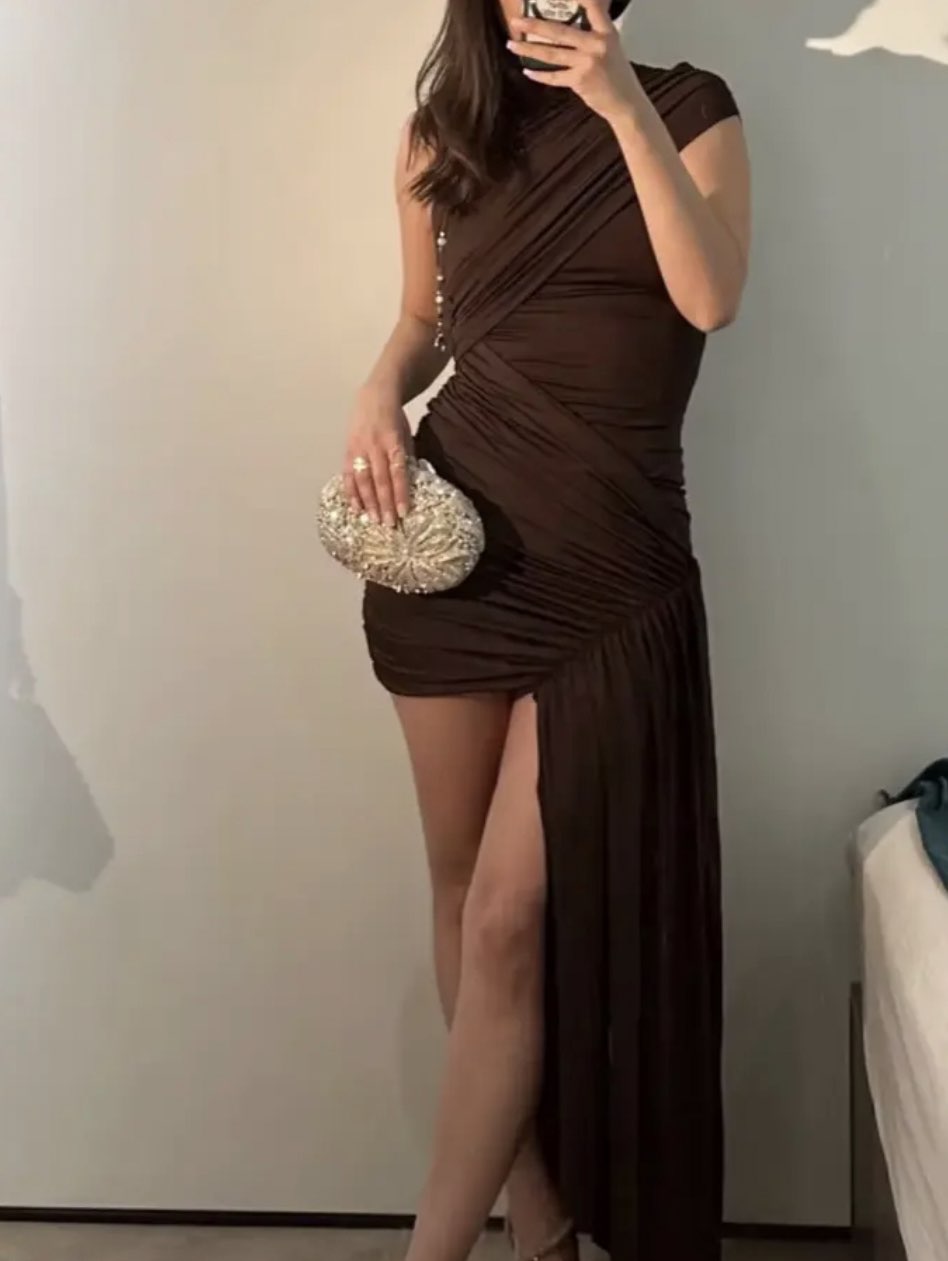 Brown Ruched Mock Neck Mini Dress