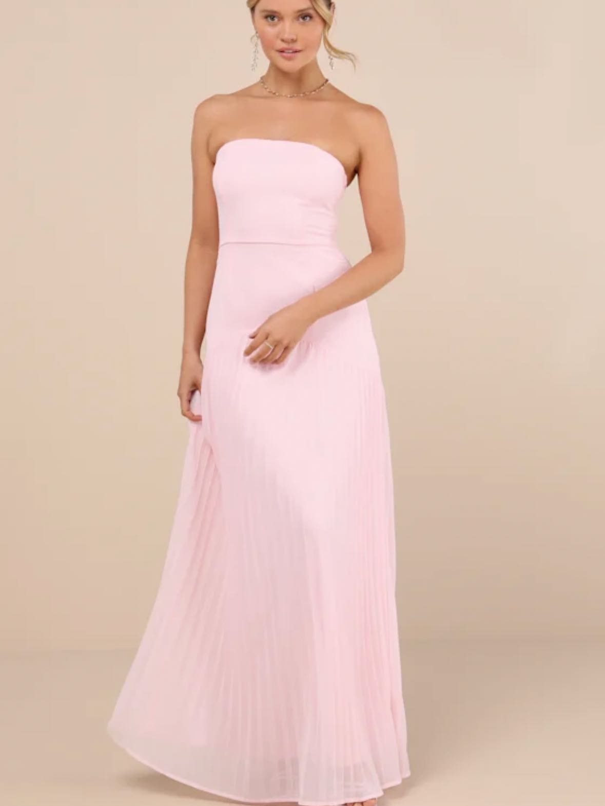 Blush Pink Pleated Strapless Maxi Dress