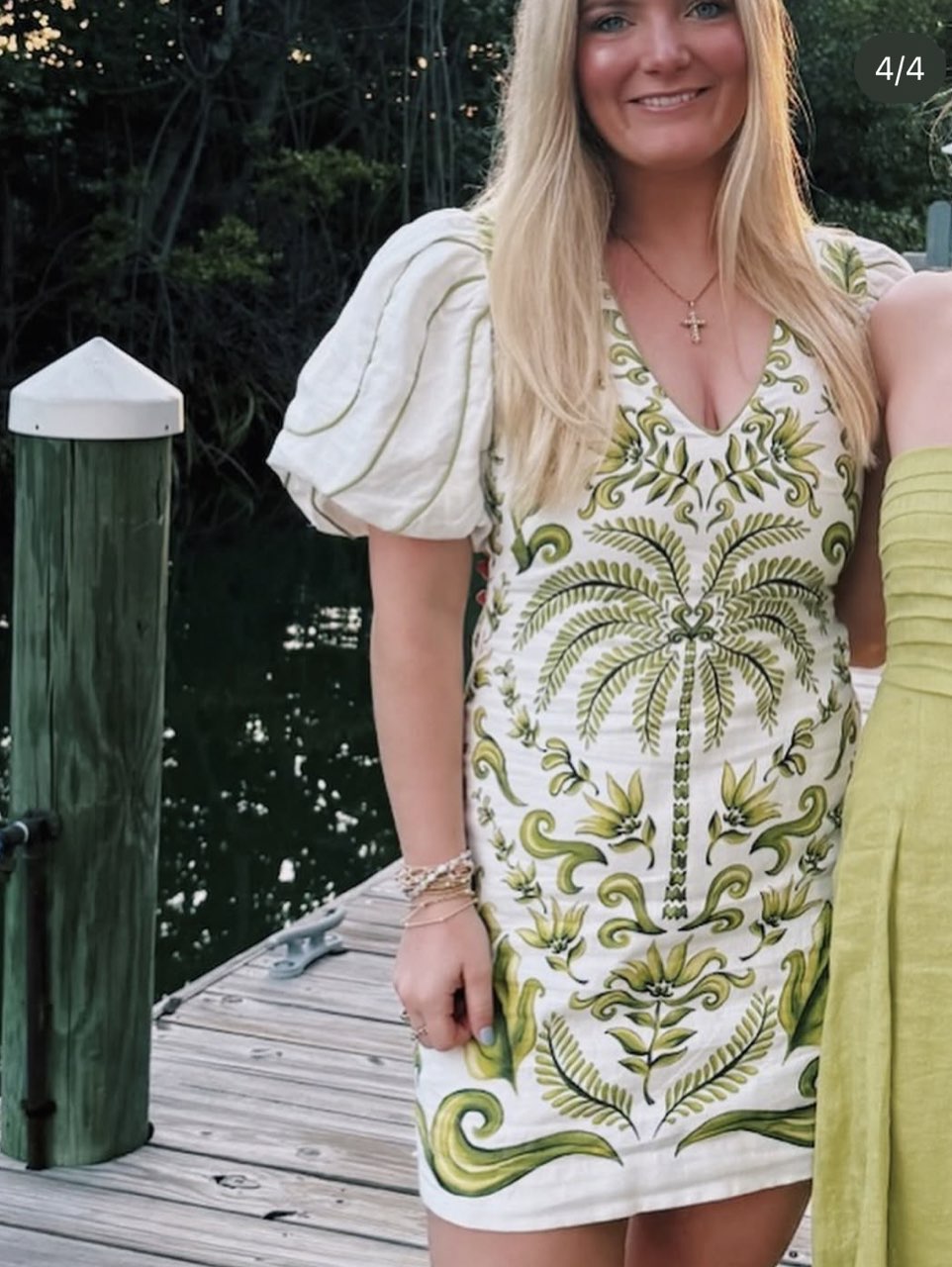 Green & White Tropical Print Puff Sleeve Mini Dress
