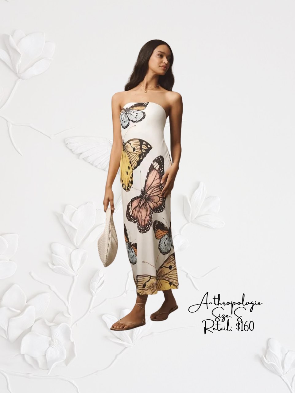 Strapless Butterfly Print Midi Dress