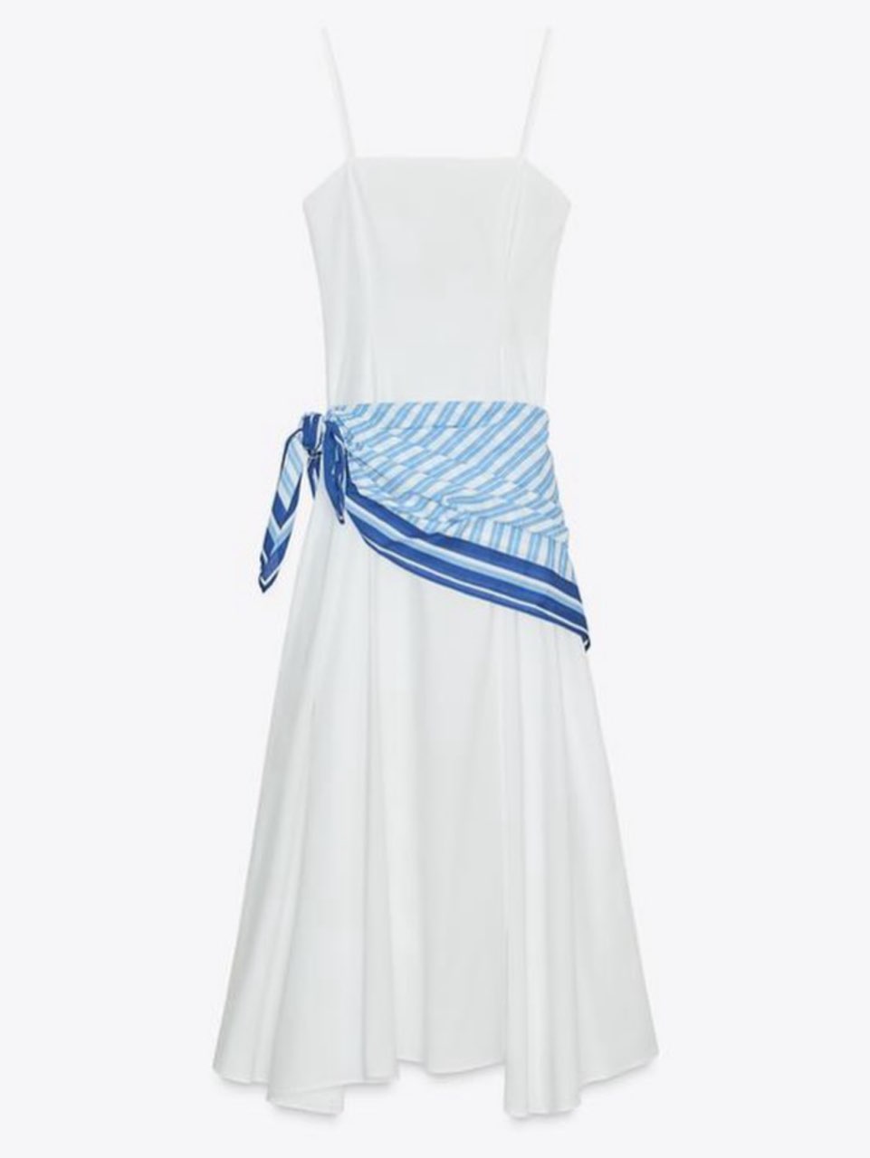 White and blue maxi dress with scarf detail
