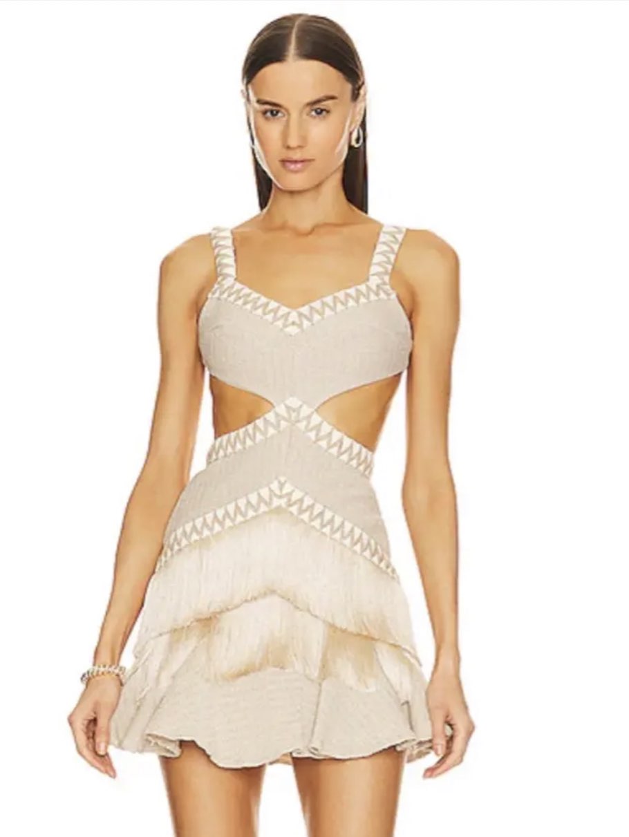 Beige Cutout Fringe Mini Dress