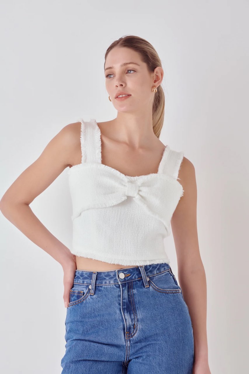 White Tweed Bow Tie Top