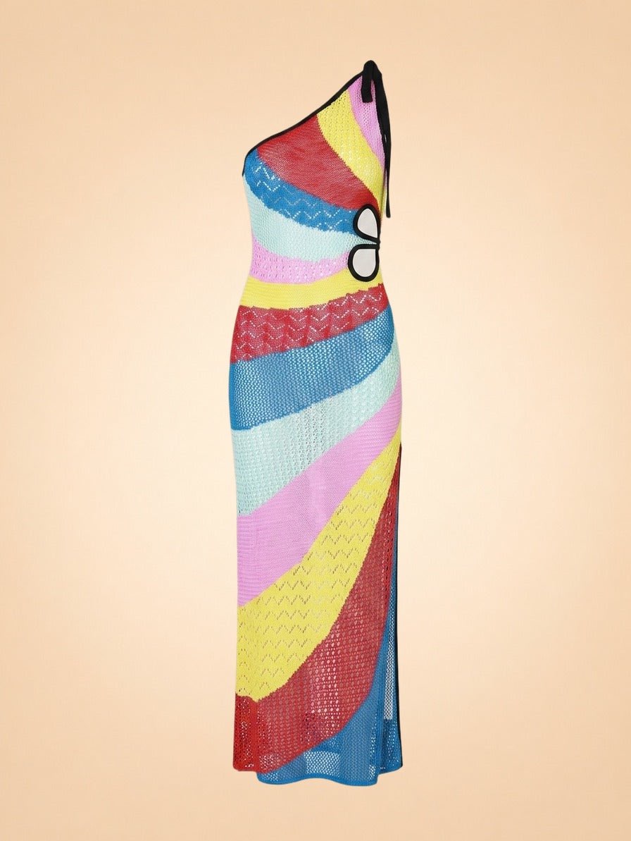 Rainbow Striped Knit One-Shoulder Maxi Dress
