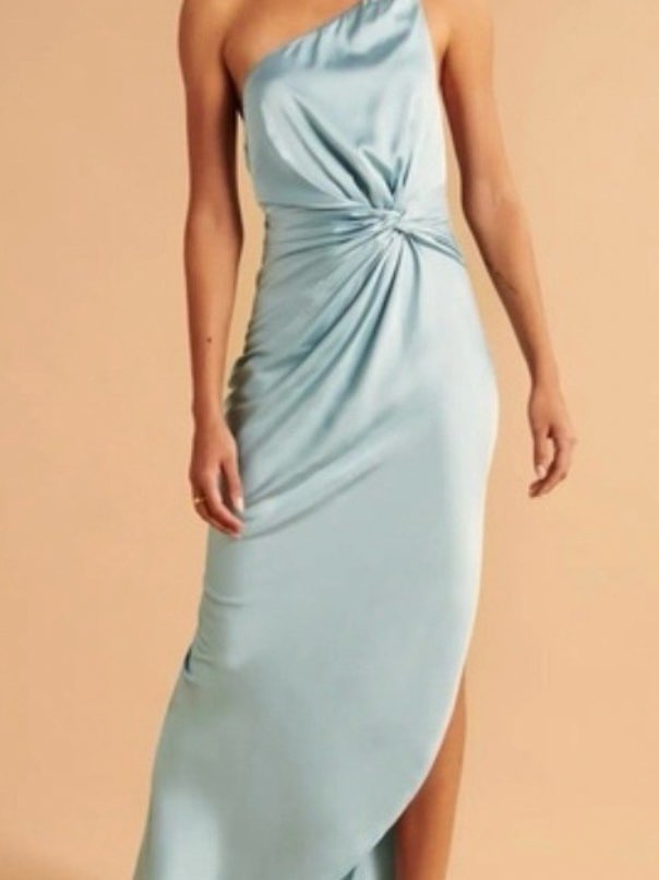 Light Blue One-Shoulder Satin Midi Dress