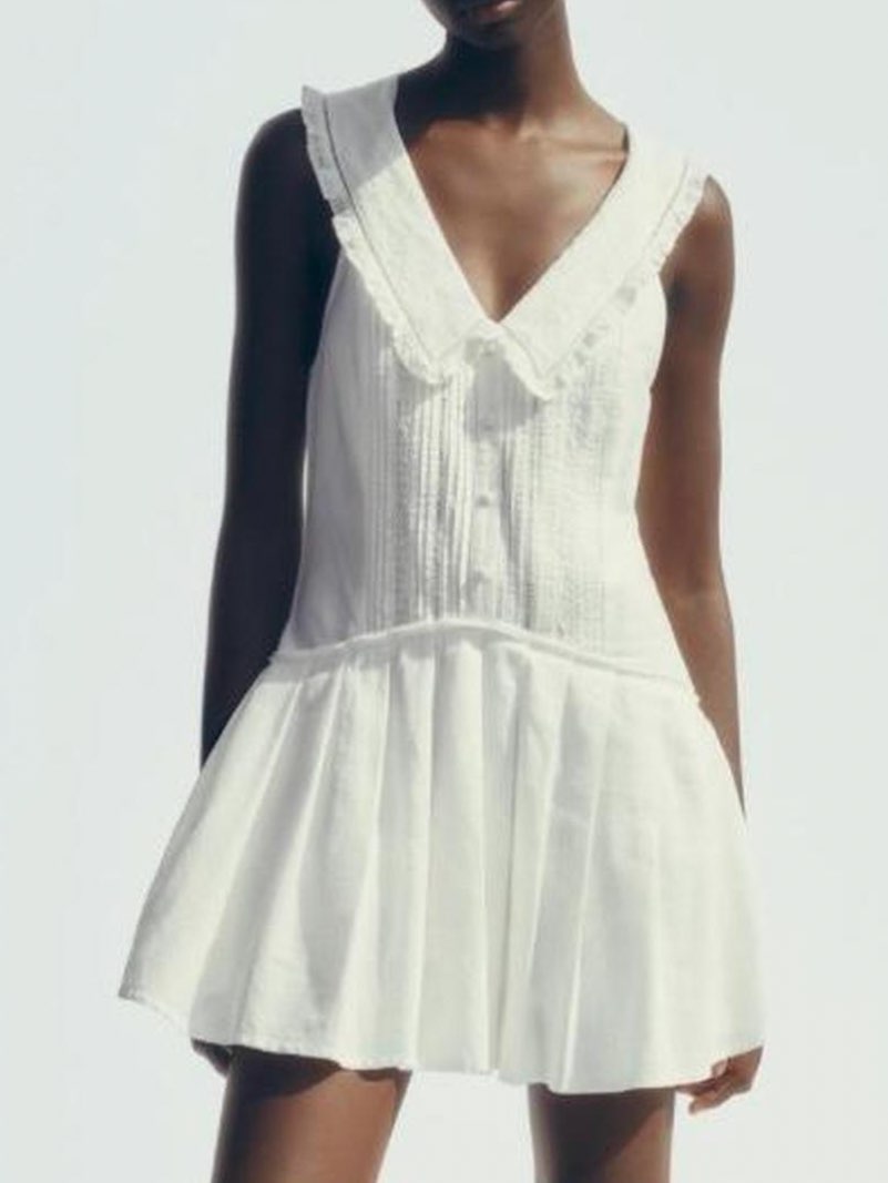 White Ruffled Collar Mini Dress