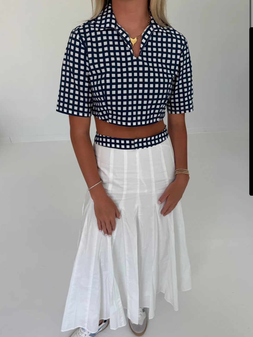 Navy Gingham Cropped Top and White Pleated Skirt Set