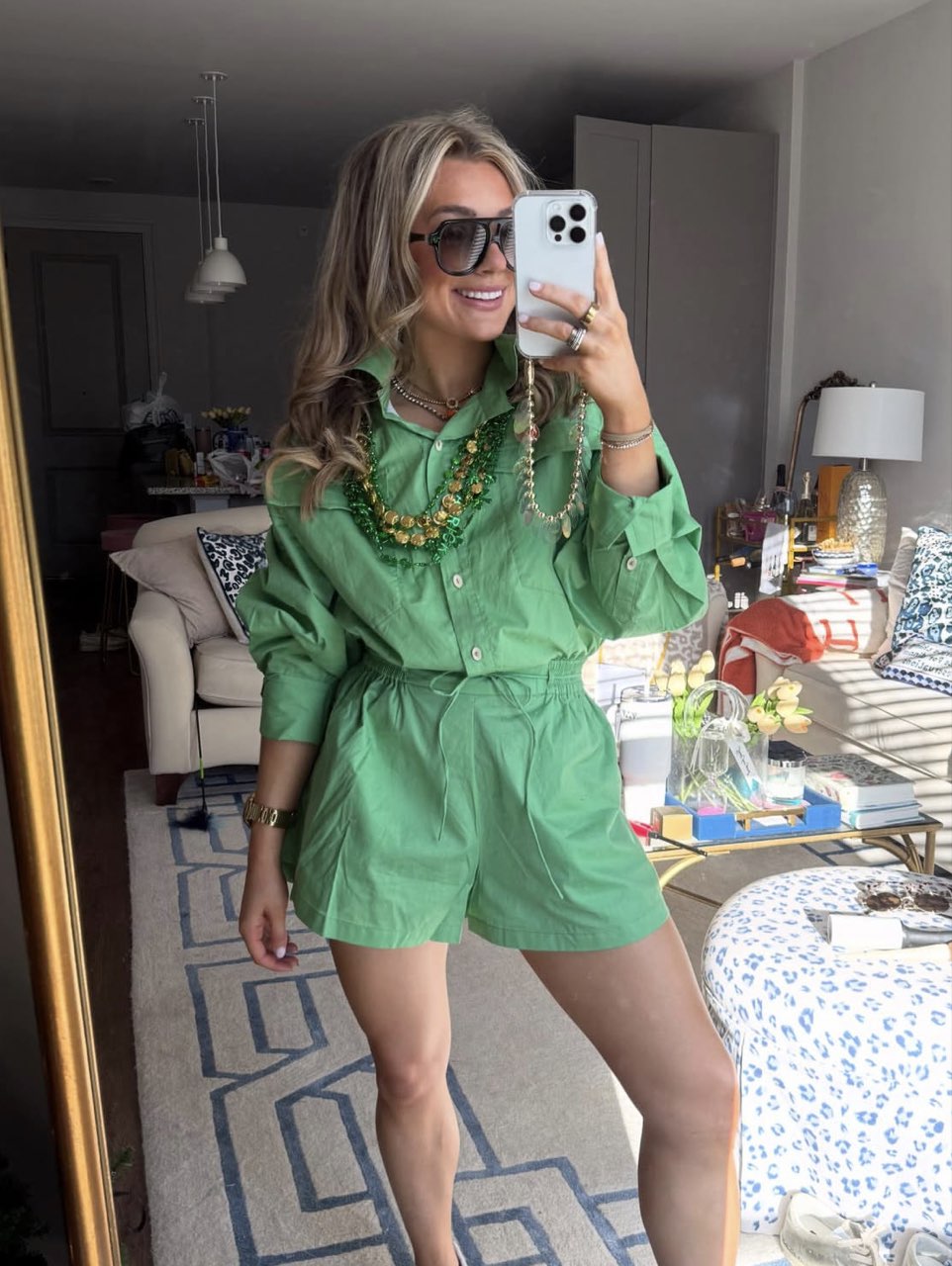 Green Button-Up Shorts Set