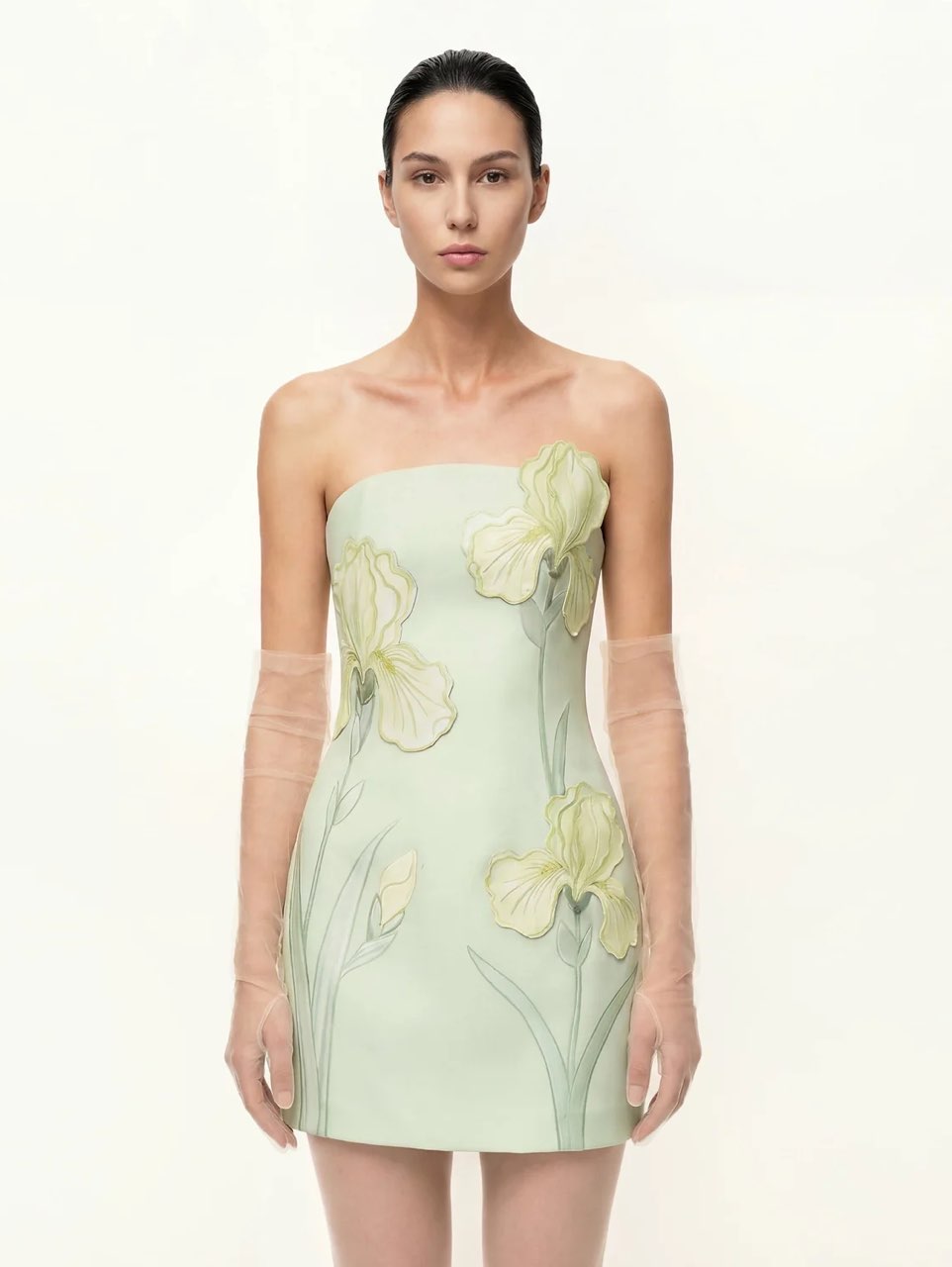 Iris Floral Print Strapless Dress Green