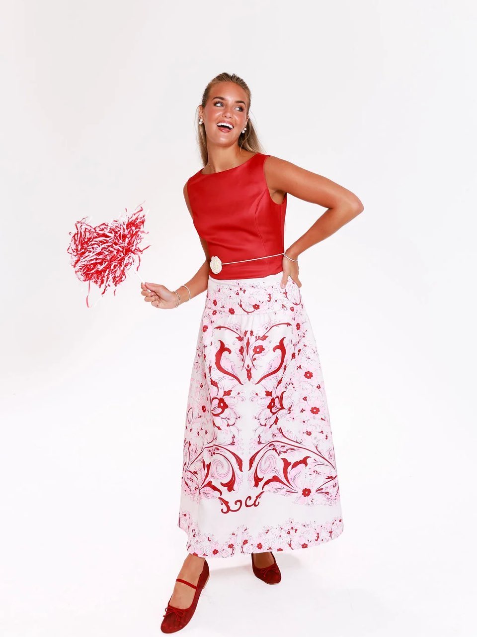 Red and white patterned maxi skirt