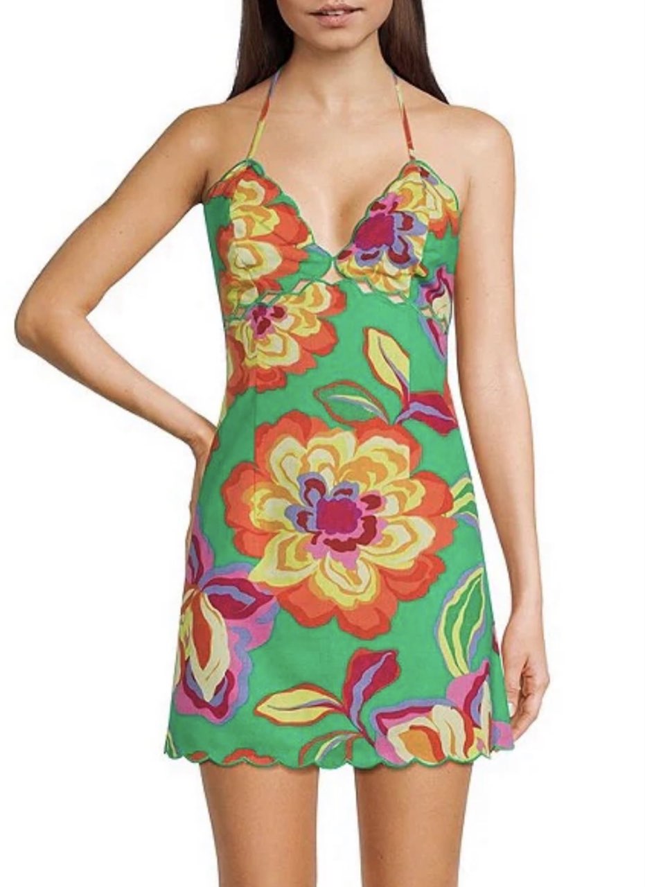 Vibrant Floral Scalloped Halter Mini Dress