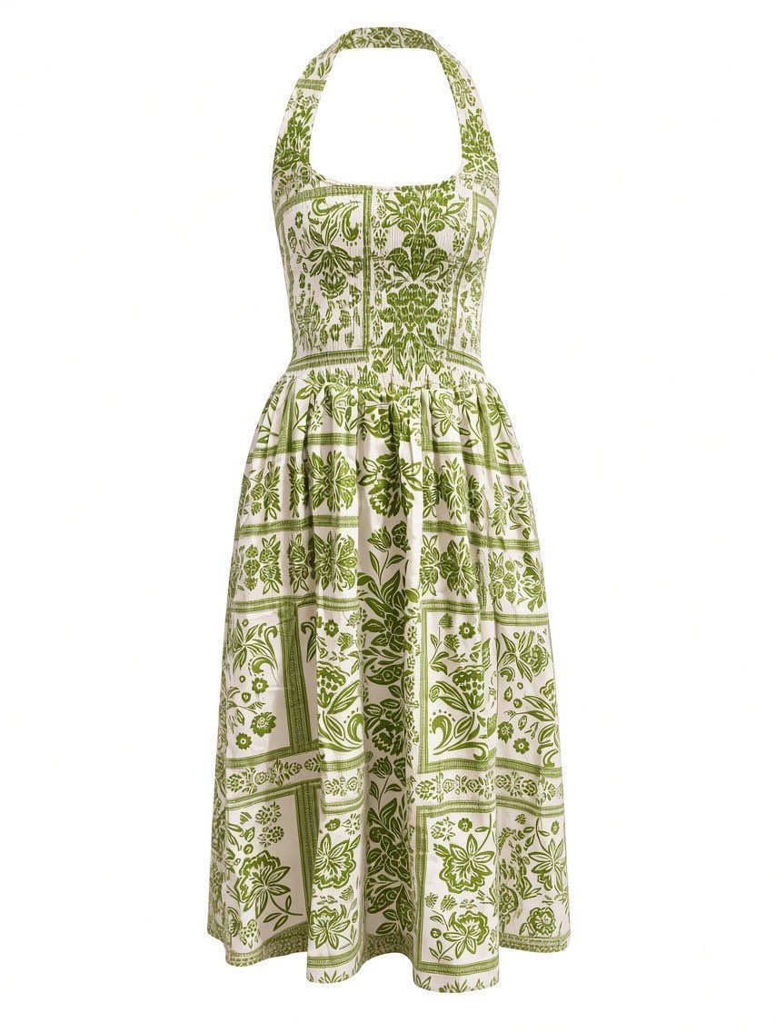Green and White Halter Neck Midi Dress