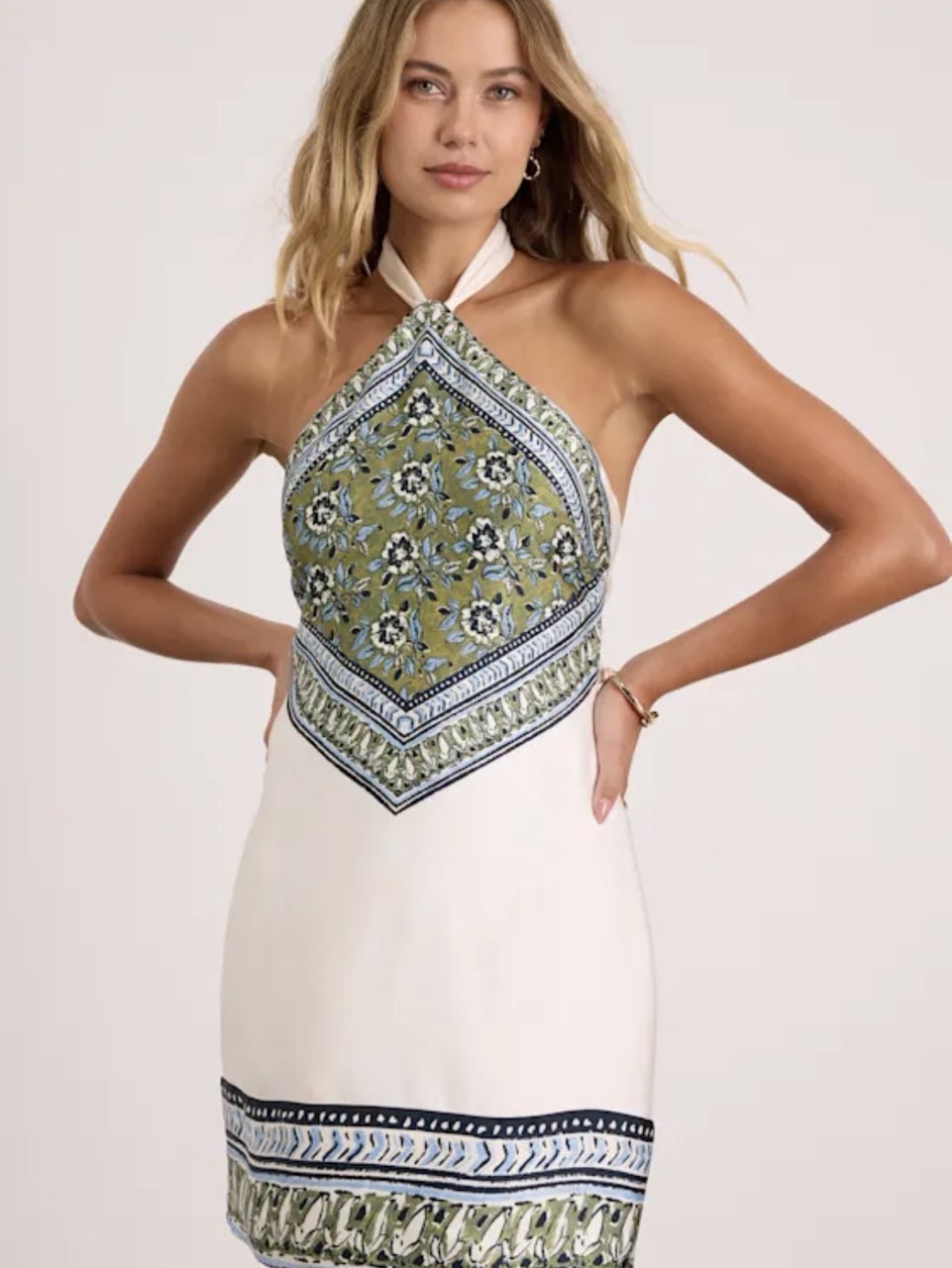 Ayson Ivory and Green Scarf Print Halter Mini Dress