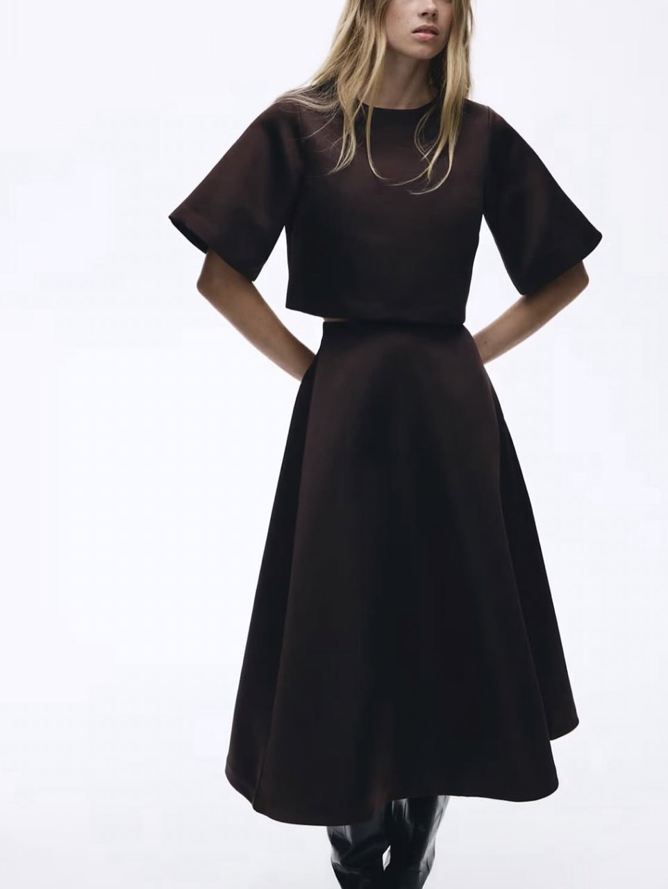 Dark Brown Cropped Top and Midi Skirt Set