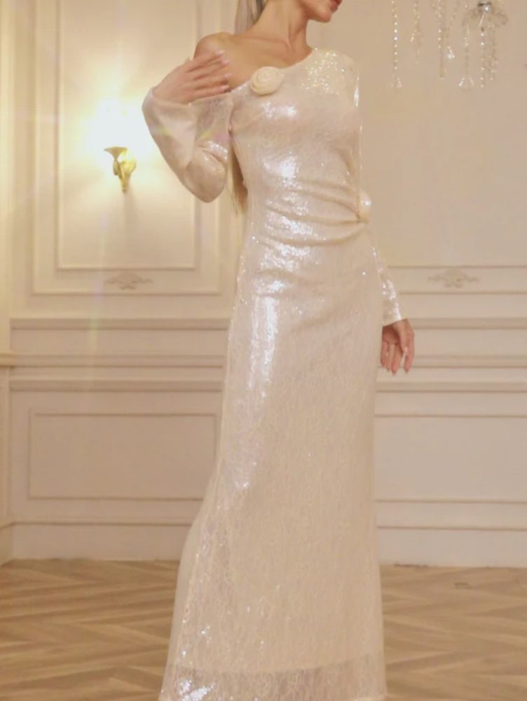 Champagne Sequin One-Shoulder Midi Dress