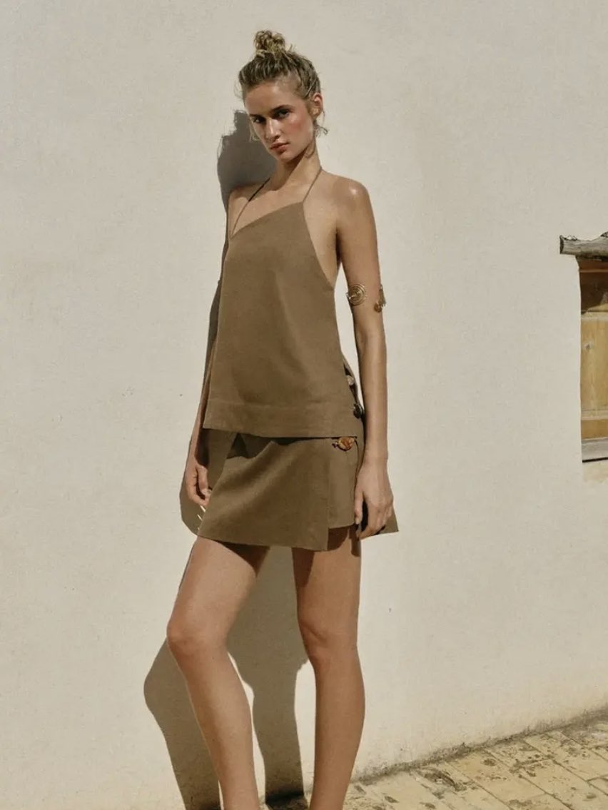 Earthy Brown Halter Top and Mini Skirt Set