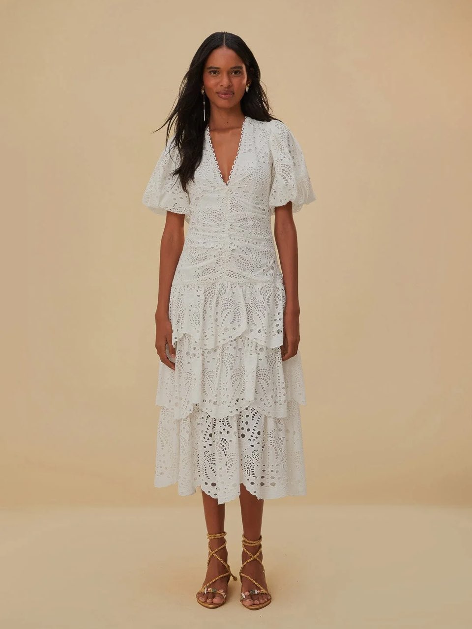 Farm Rio White Cotton Eyelet Puff Sleeve Midi Dress