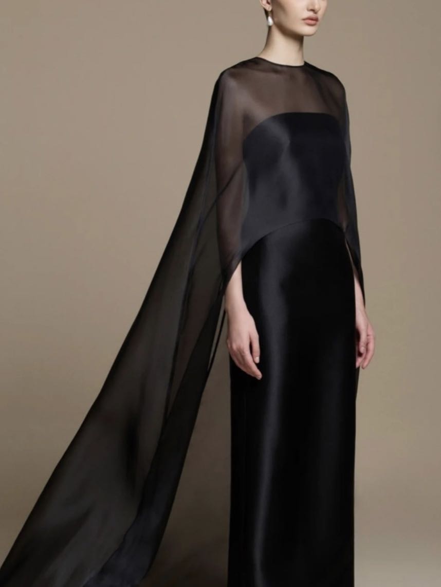 Black Satin Evening Gown with Sheer Cape