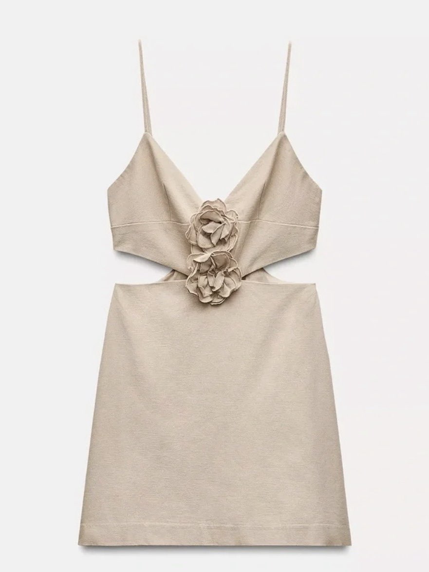 Tan Floral Cut-Out Mini Dress