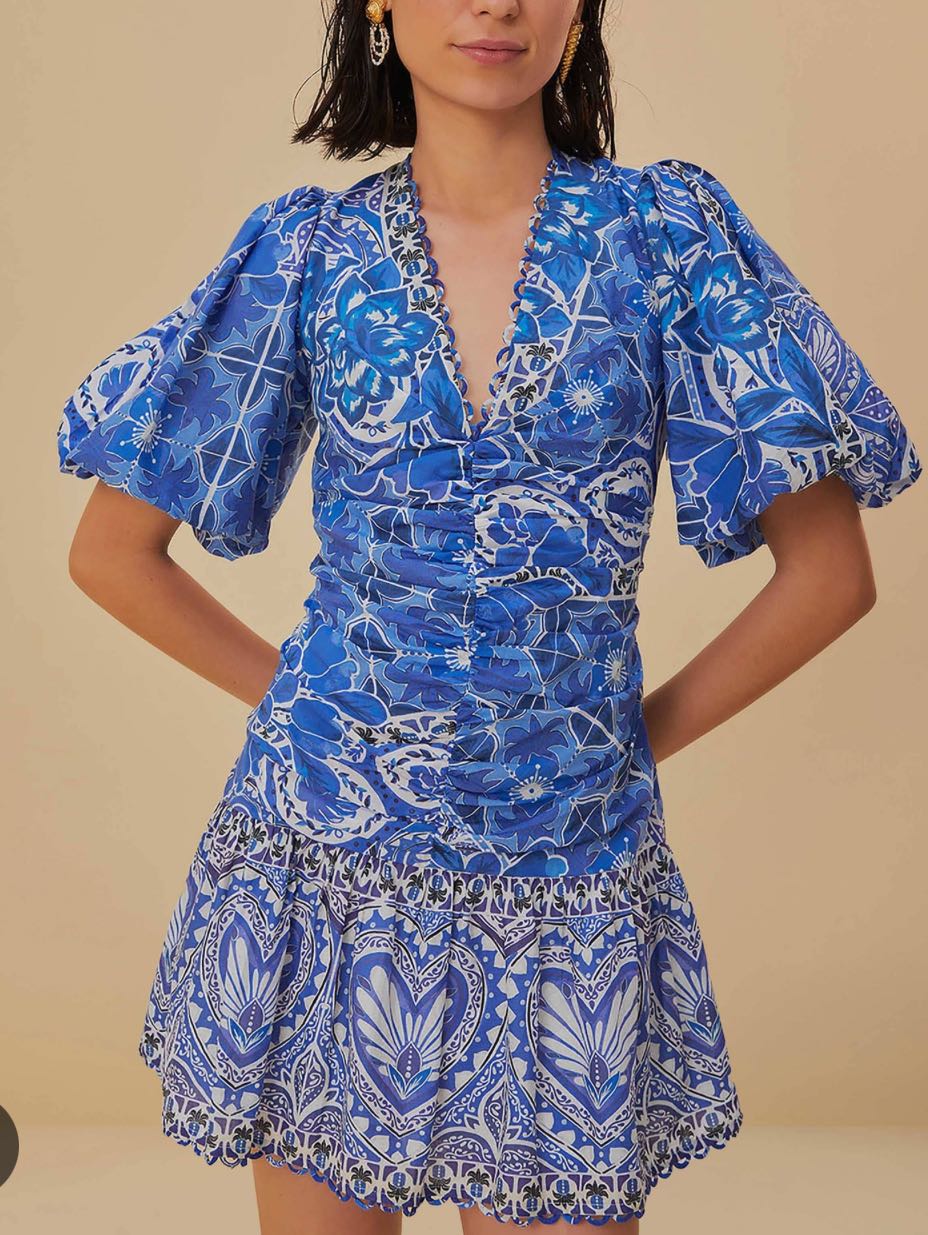 Farm Rio blue tile mini dress