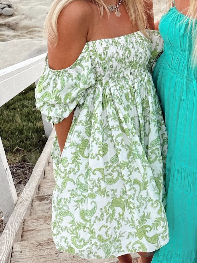 Green Paisley Off-Shoulder Mini Dress