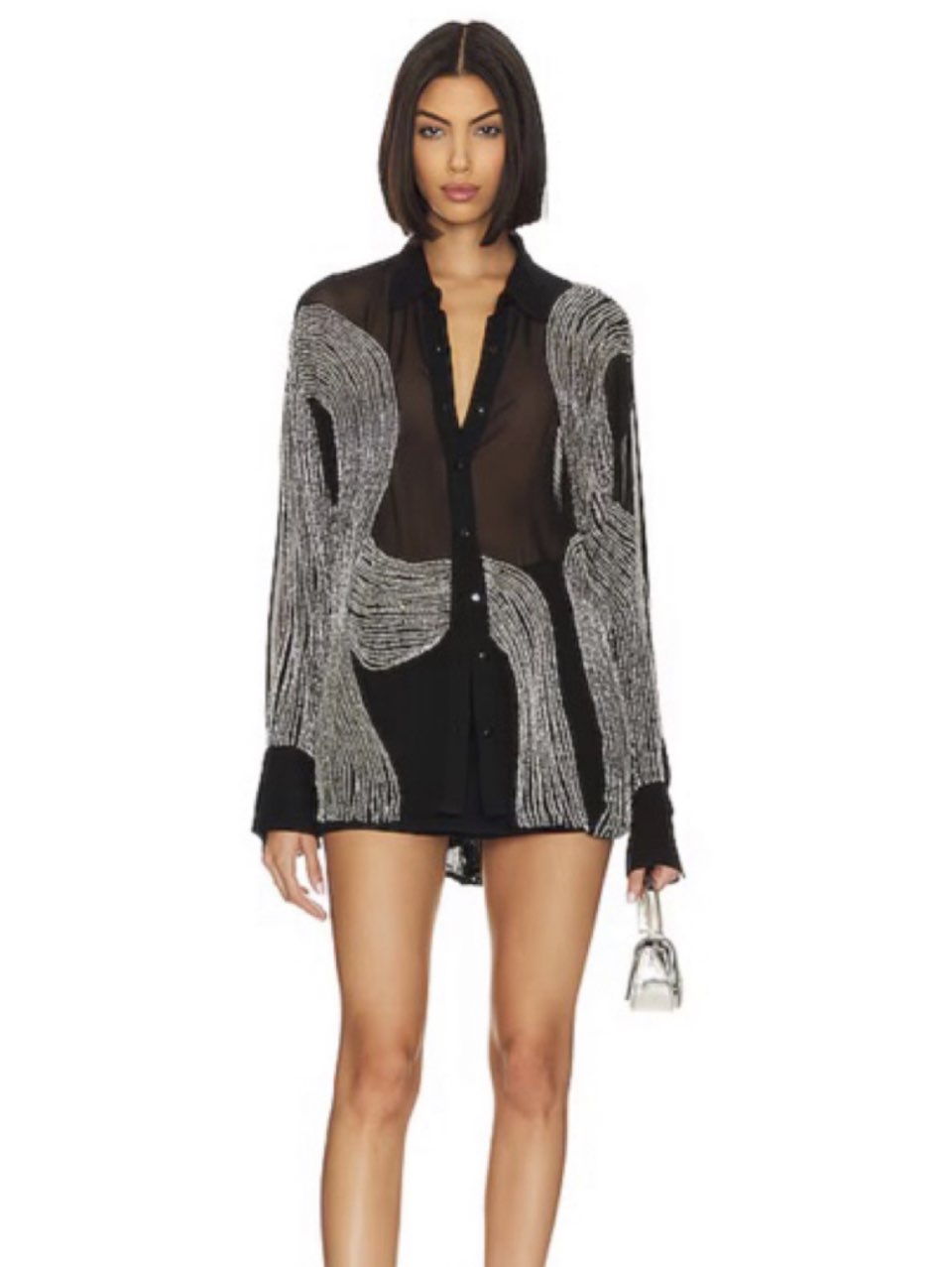 Sheer Beaded Button-Up Shirt
