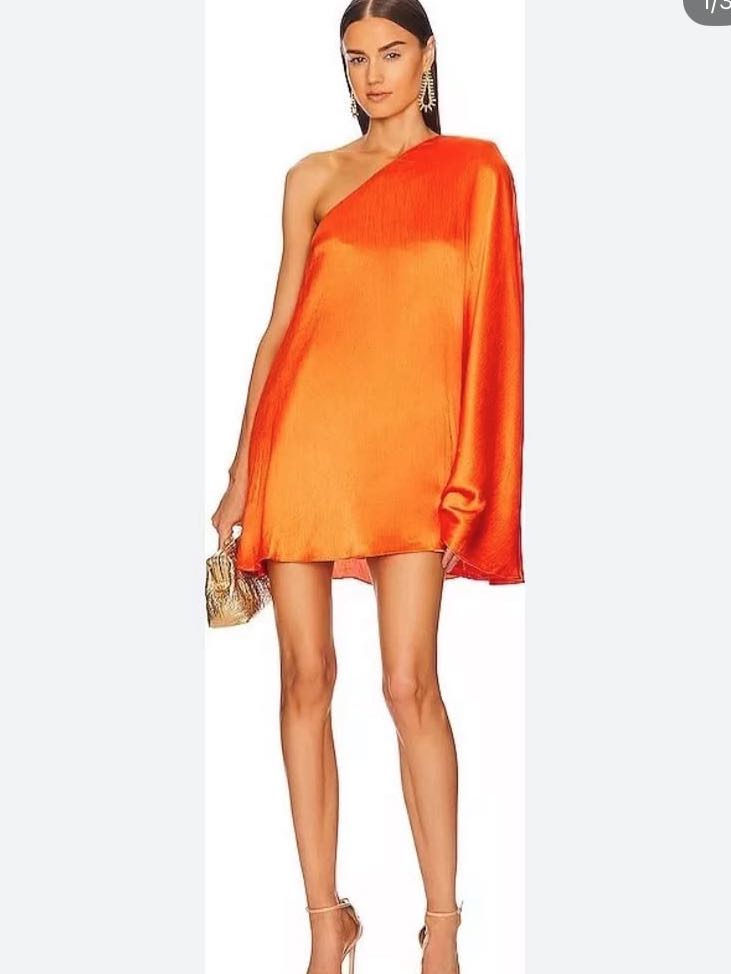 One Shoulder Tangerine Cape Mini Dress