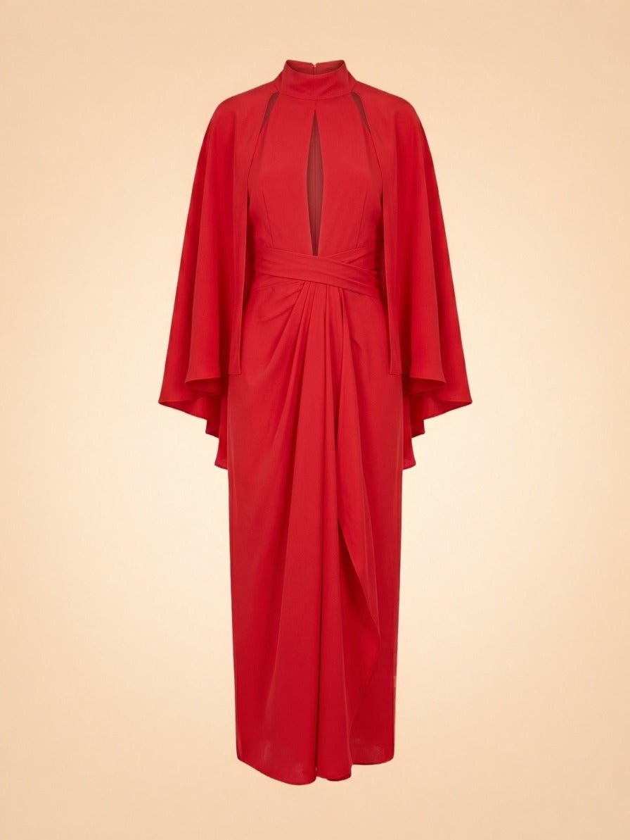 Red Cape Sleeve Keyhole Gown