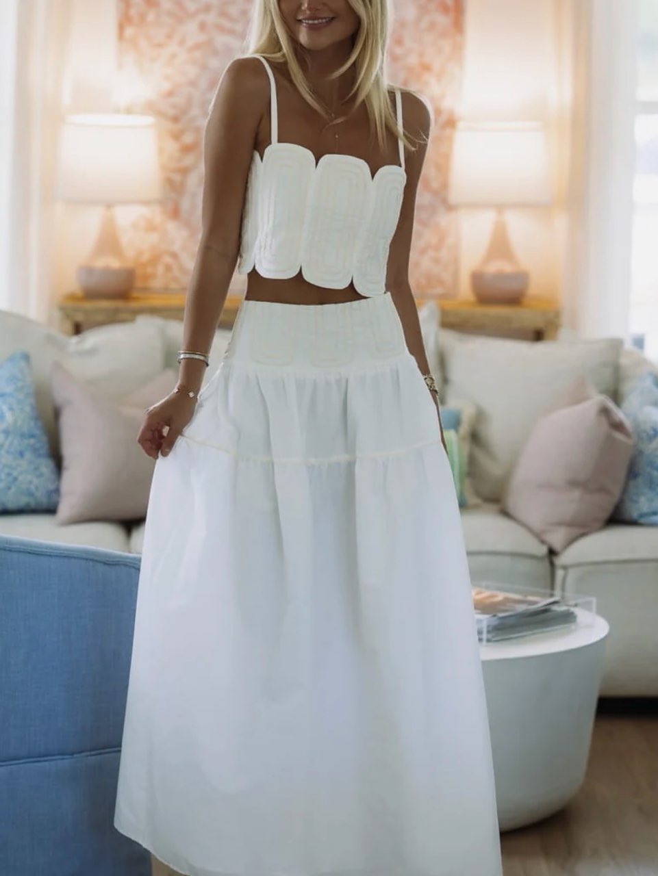 White Scalloped Crop Top and Maxi Skirt Set
