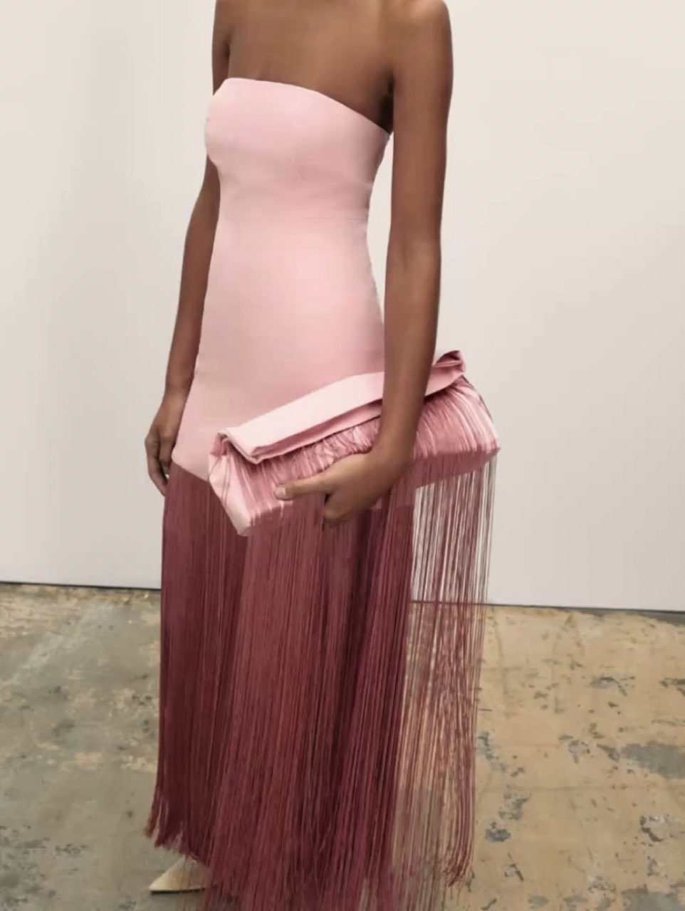 Pink Strapless Fringe Midi Dress