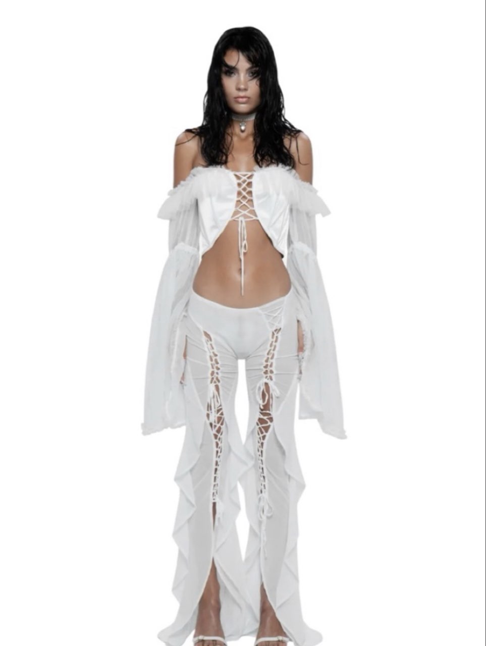 White Lace-Up Ruffle Set