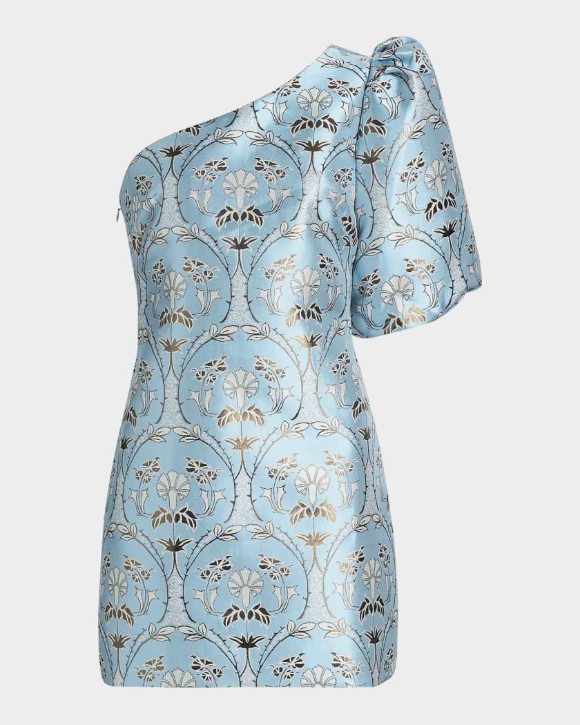 Cara Cara Light Blue Brocade One-Shoulder Mini Dress