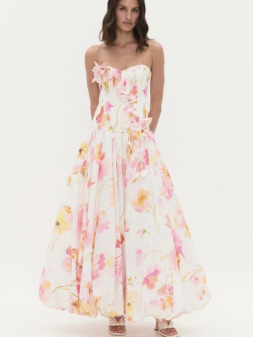Floral Strapless Maxi Dress with Appliqués