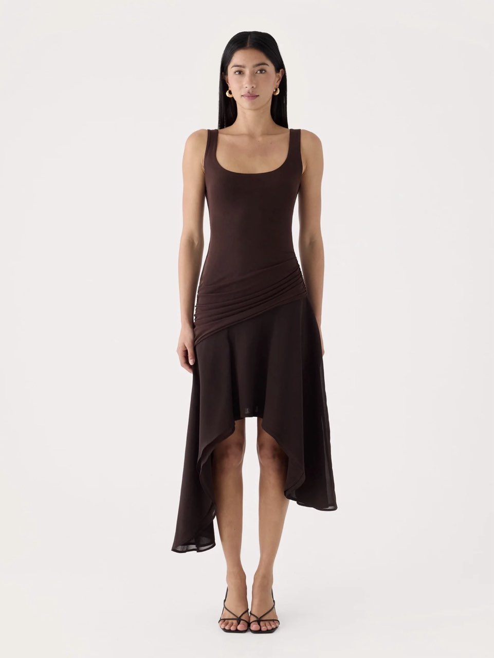 Brown Ruched High-Low Midi Dress