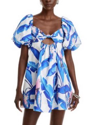 Blue Tropical Puff Sleeve Mini Dress