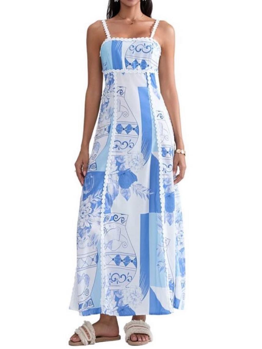 Unique Lace Patchwork Printed Back Trendy Tie Halter Flare Maxi Dresses