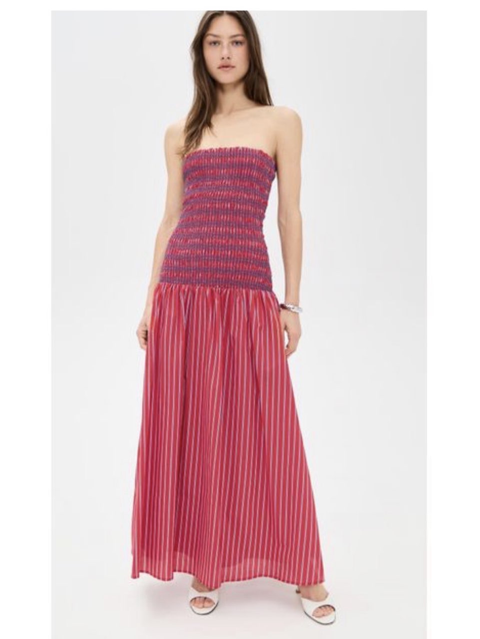 Red and Blue Striped Smocked Maxi Dress