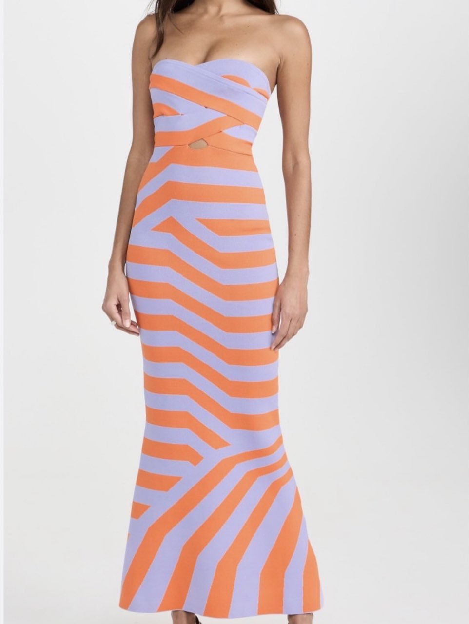 Orange and Lavender Geometric Strapless Maxi Dress