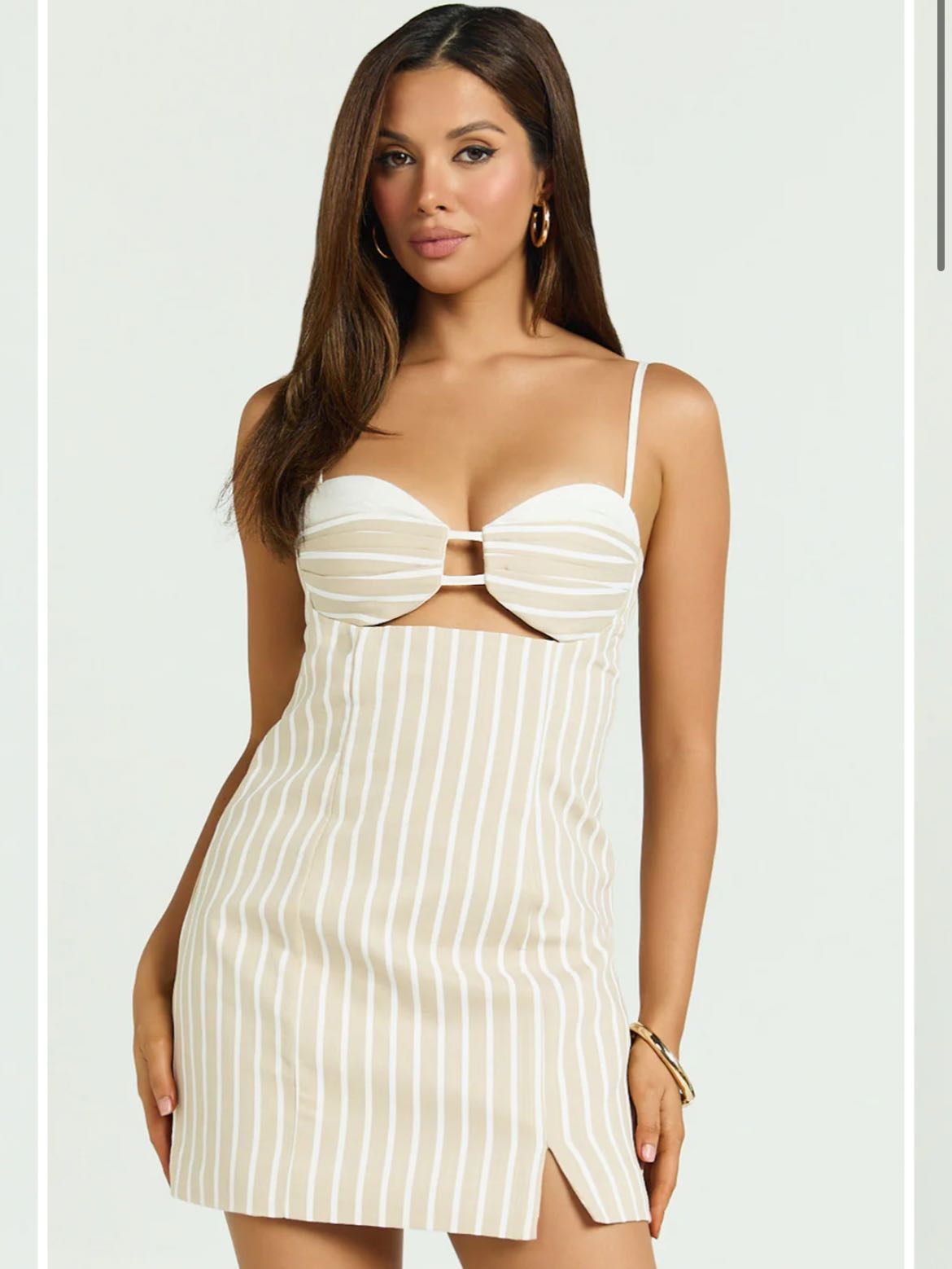 Tan and white striped mini dress, adjustable straps
