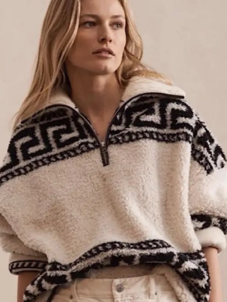 Cream & Black Patterned Fleece Pullover