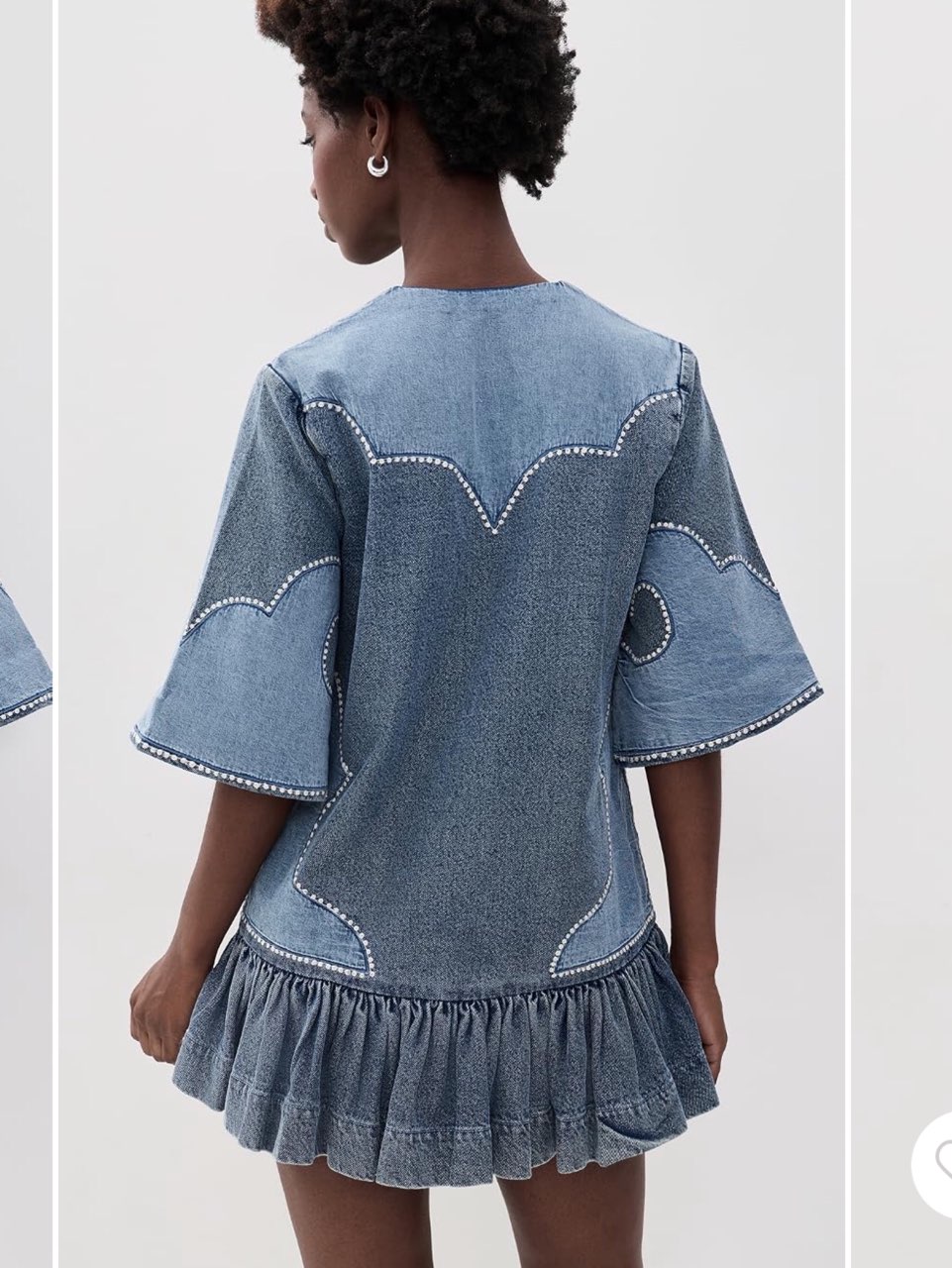 Patchwork Denim Mini Dress with Pearl Embellishments