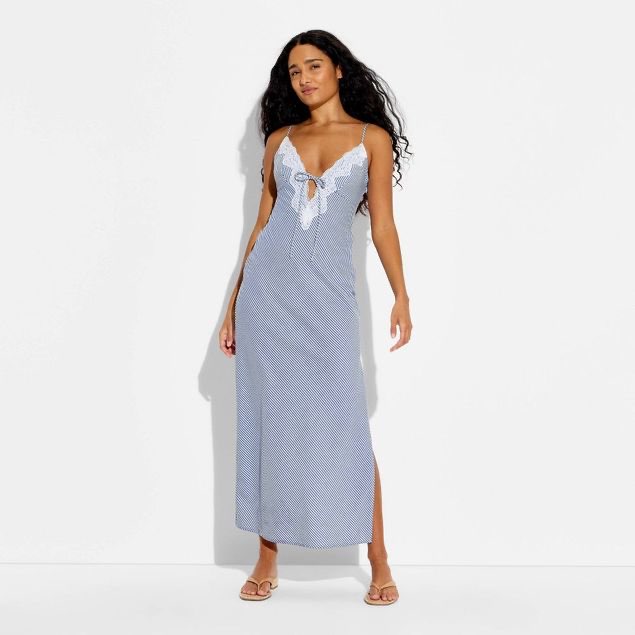 Polka Dot Lace-Trim Maxi Slip Dress