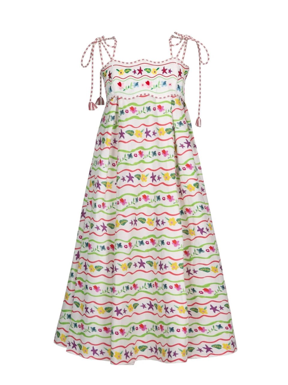 Multicolor Embroidered Tie-Shoulder Maxi Dress
