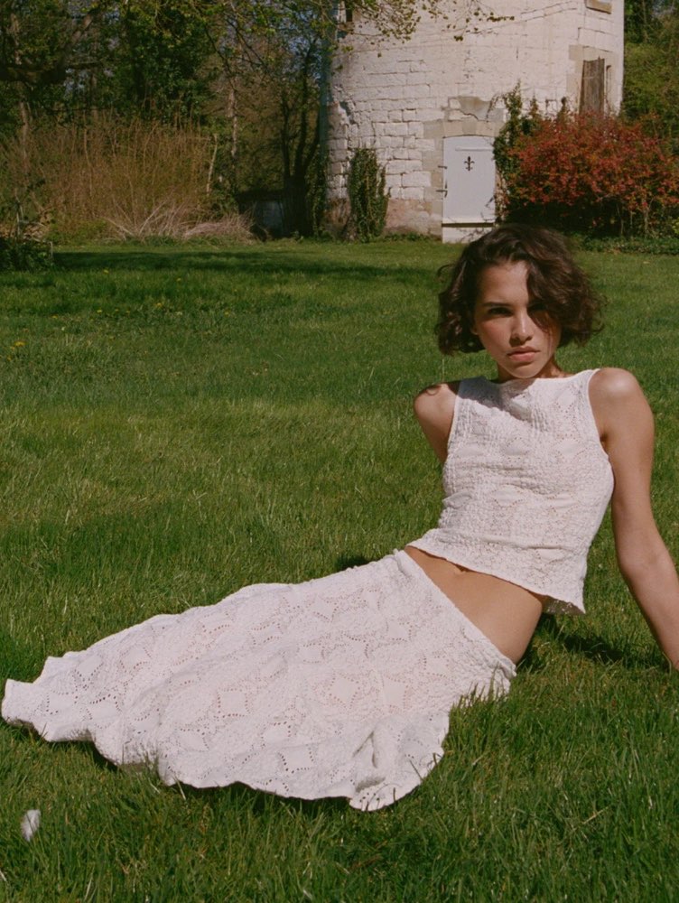 Cream Crochet Knit Top and Midi Skirt Set