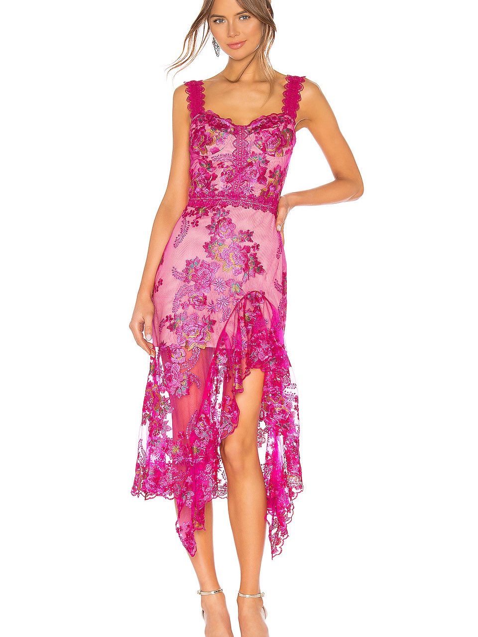 Fuchsia Embroidered High-Low Midi Dress