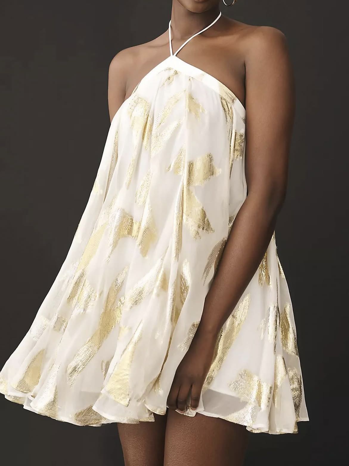 White & Gold Halter Tie Dress