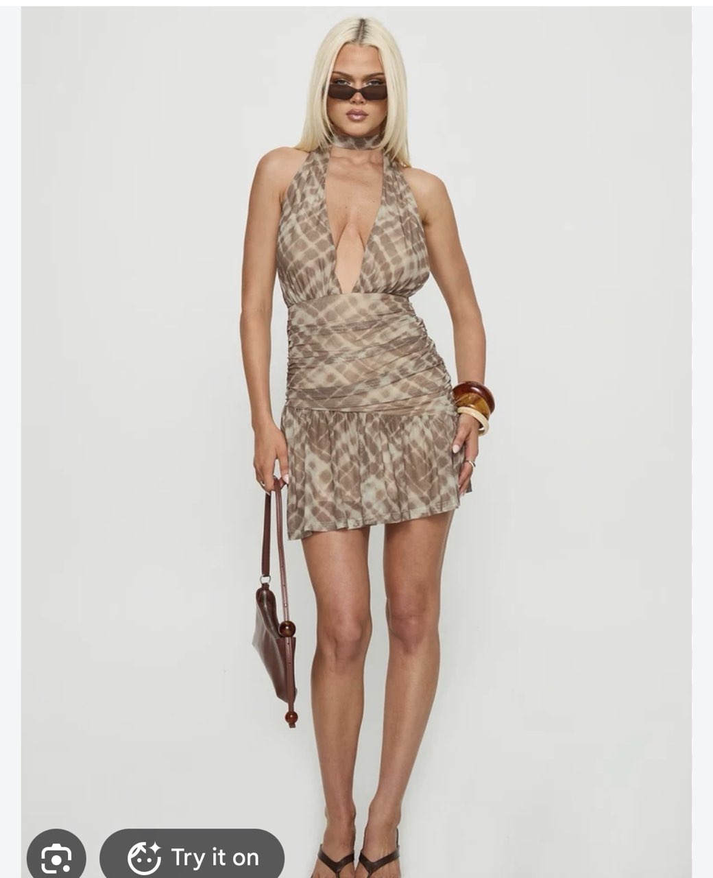 Abstract Print Halter Ruched Mini Dress