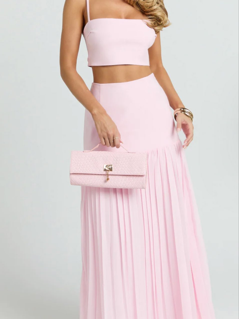 Pink Two-Piece Crop Top and Pleated Maxi Skirt Set