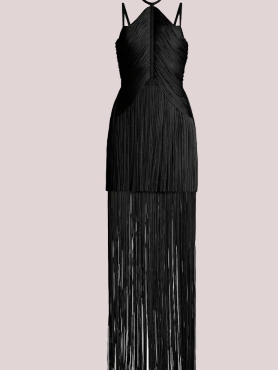 Hervé Léger Black Fringe Halter Gown