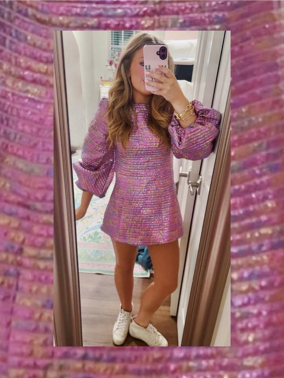 Iridescent Pink Puff Sleeve Mini Dress